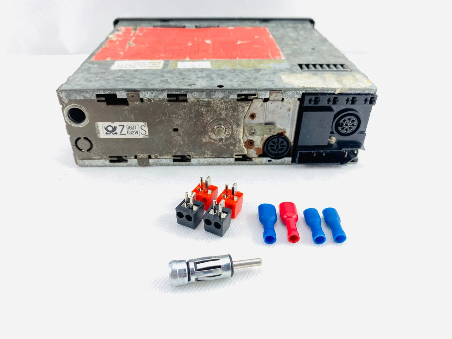 1980s Blaupunkt Woodstock SQR 88 car cassette radio rear view with factory connectors antenna socket and wiring adapters