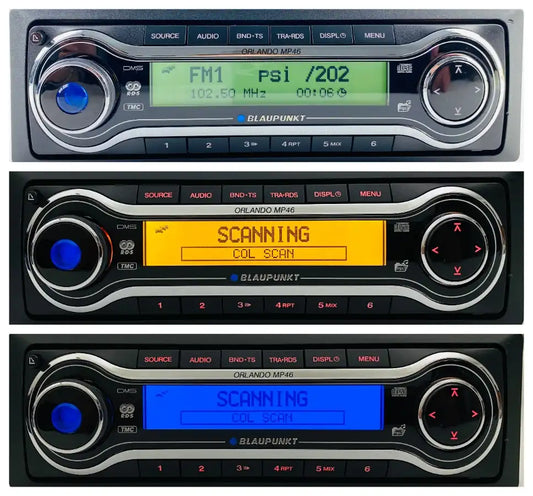 Blaupunkt Orlando MP46 multicolor LCD display showing green yellow blue and white illumination modes
