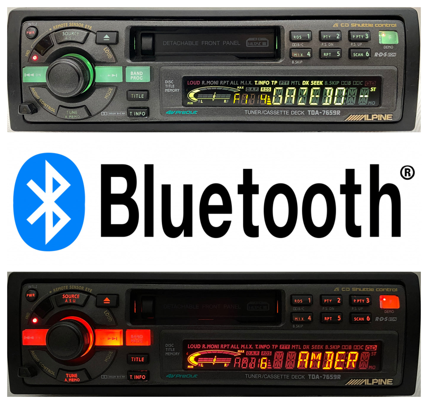 1990s High-End Alpine TDA-7659R Car Cassette Radio Player + Bluetooth Retrofit