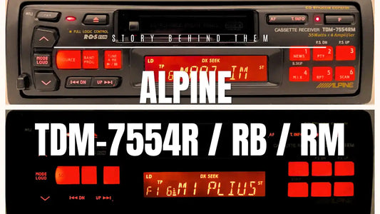 Alpine TDM-7554R, RB, and RM cassette car radio variants showing front panel design, display differences, and button layout