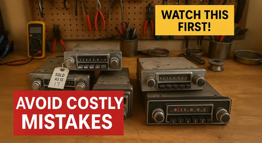 Selection of vintage car radios on a workbench, showing multiple units in different conditions before inspection or purchase.