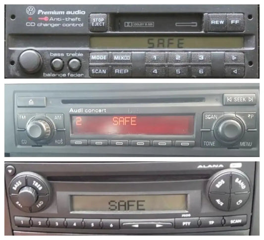 Car radios displaying “SAFE” mode on the screen, indicating active security code protection after power loss or removal.