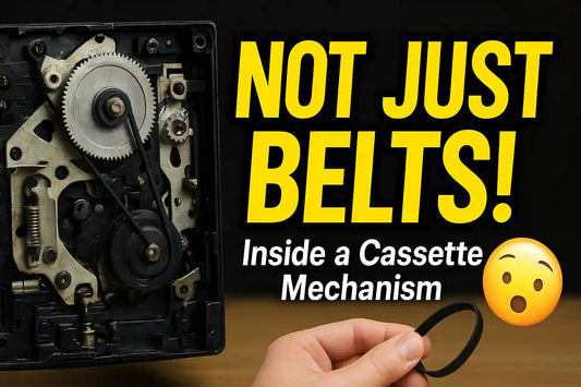 Cassette mechanism with gears and a hand holding a belt, text 'Not Just Belts! Inside a Cassette Mechanism' on a black background.