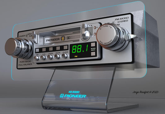 silver 1980s Pioneer car radio on stand