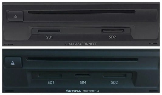 Front view of VW, Audi, Škoda, and SEAT MIB and MIB2 multimedia units showing SD card, SIM, and media slots for comparison.