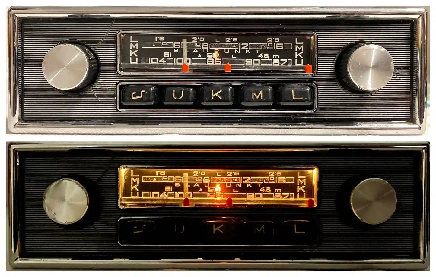 1960s Blaupunkt Essen FM car radio comparison with illumination off and backlight on