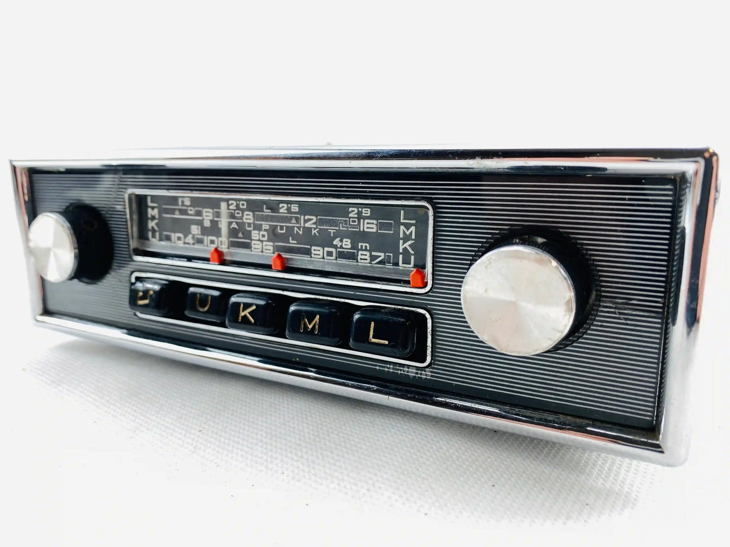 1960s Blaupunkt Essen FM vintage car radio right angled view with chrome tuning knob