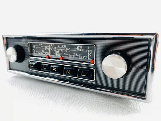 1960s Blaupunkt Essen FM vintage car radio right angled view with chrome tuning knob