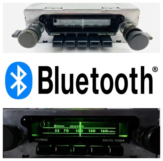 1970s Clarion vintage radio upgraded with hidden Bluetooth showing original and green illuminated display