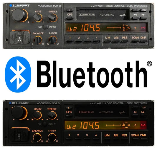 1980s Blaupunkt Woodstock SQR 88 car cassette radio illuminated display with integrated Bluetooth upgrade