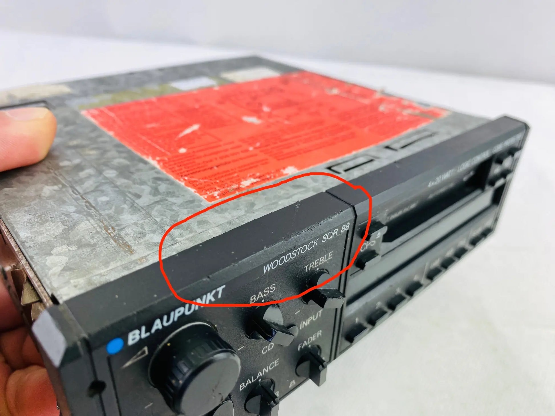 1980s Blaupunkt Woodstock SQR 88 car cassette radio top panel and model badge detail