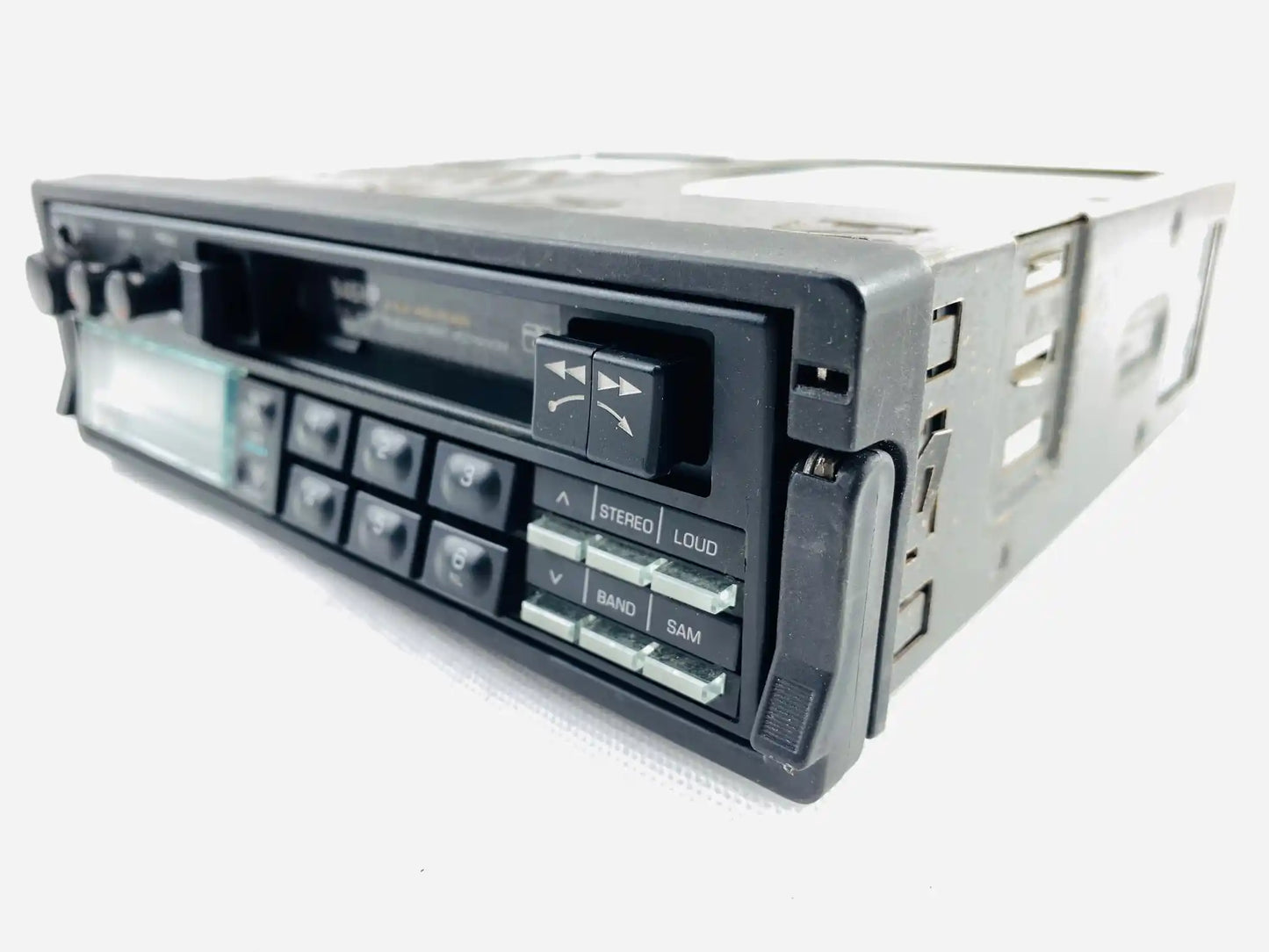1980s Clarion 946HP car cassette radio player front right angled view with cassette transport controls