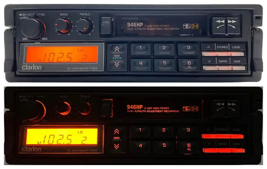 1980s Clarion 946HP car cassette radio player original daylight display and red night illumination comparison