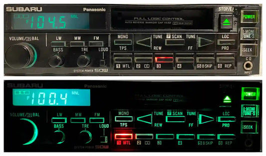 1980s Subaru Panasonic F Series cassette radio CQ-SF196A with green illumination on display