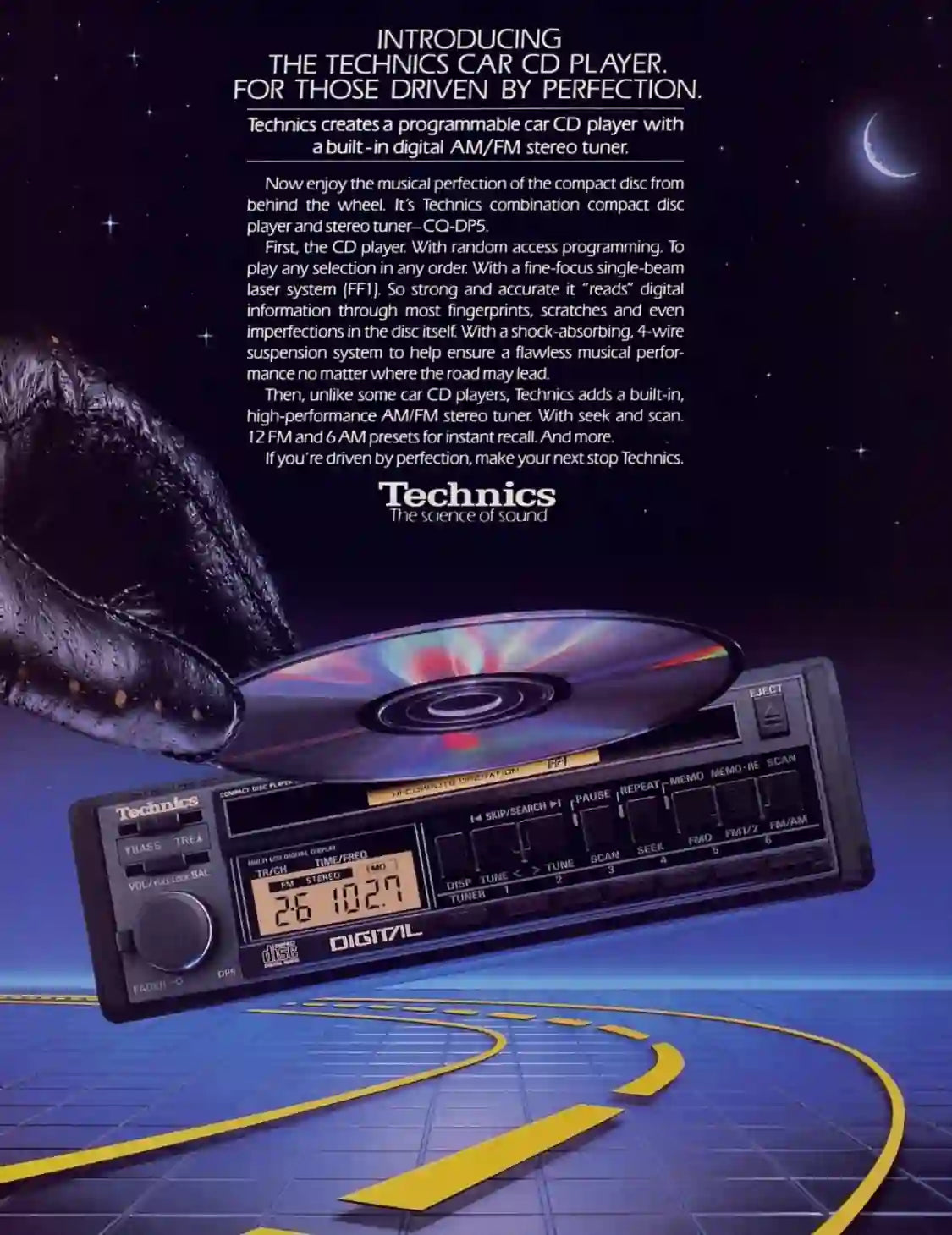 1980s Technics car CD player vintage advertisement introducing digital in car audio
