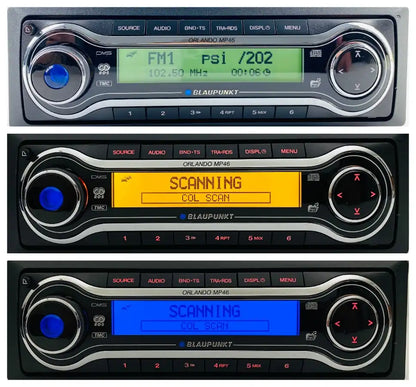 Blaupunkt Orlando MP46 multicolor LCD display showing green yellow blue and white illumination modes