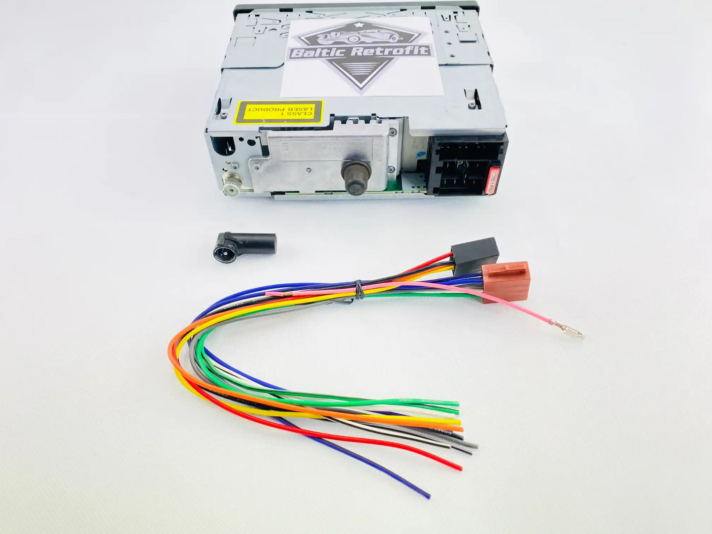 2000s Blaupunkt Orlando MP46 CD MP3 radio top chassis view with wiring loom and antenna adapter