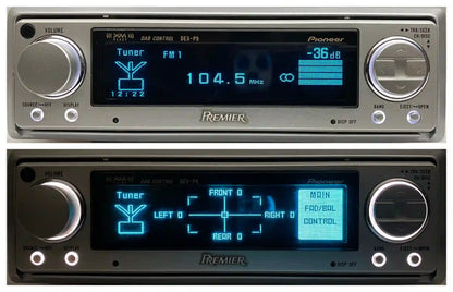 2000s Pioneer DEX-P9 Premiere high end car CD radio player front view with display illuminated