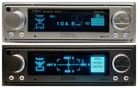2000s Pioneer DEX-P9 Premiere high end car CD radio player front view with display illuminated