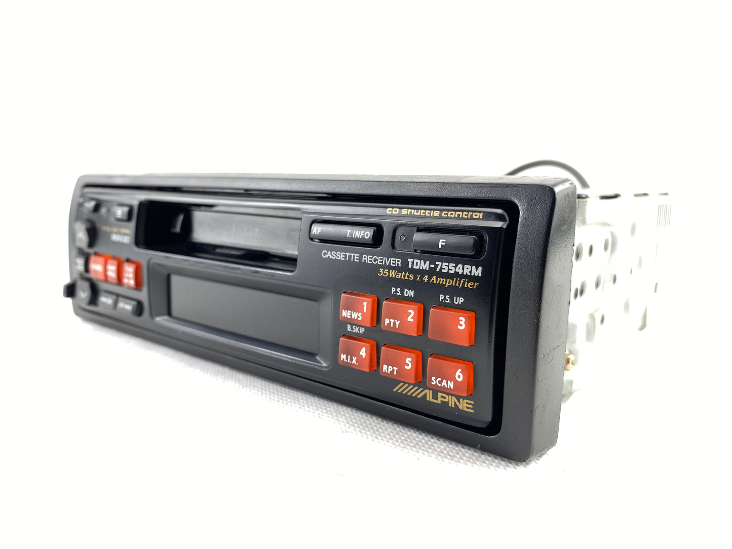 Alpine TDM-7554RM vintage cassette car radio front view with RCA outputs