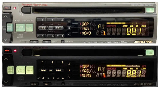 Alpine CDA-7843J illuminated display showing radio information