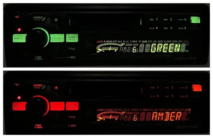 Alpine TDA-7552R shown with switchable green and amber-red display illumination