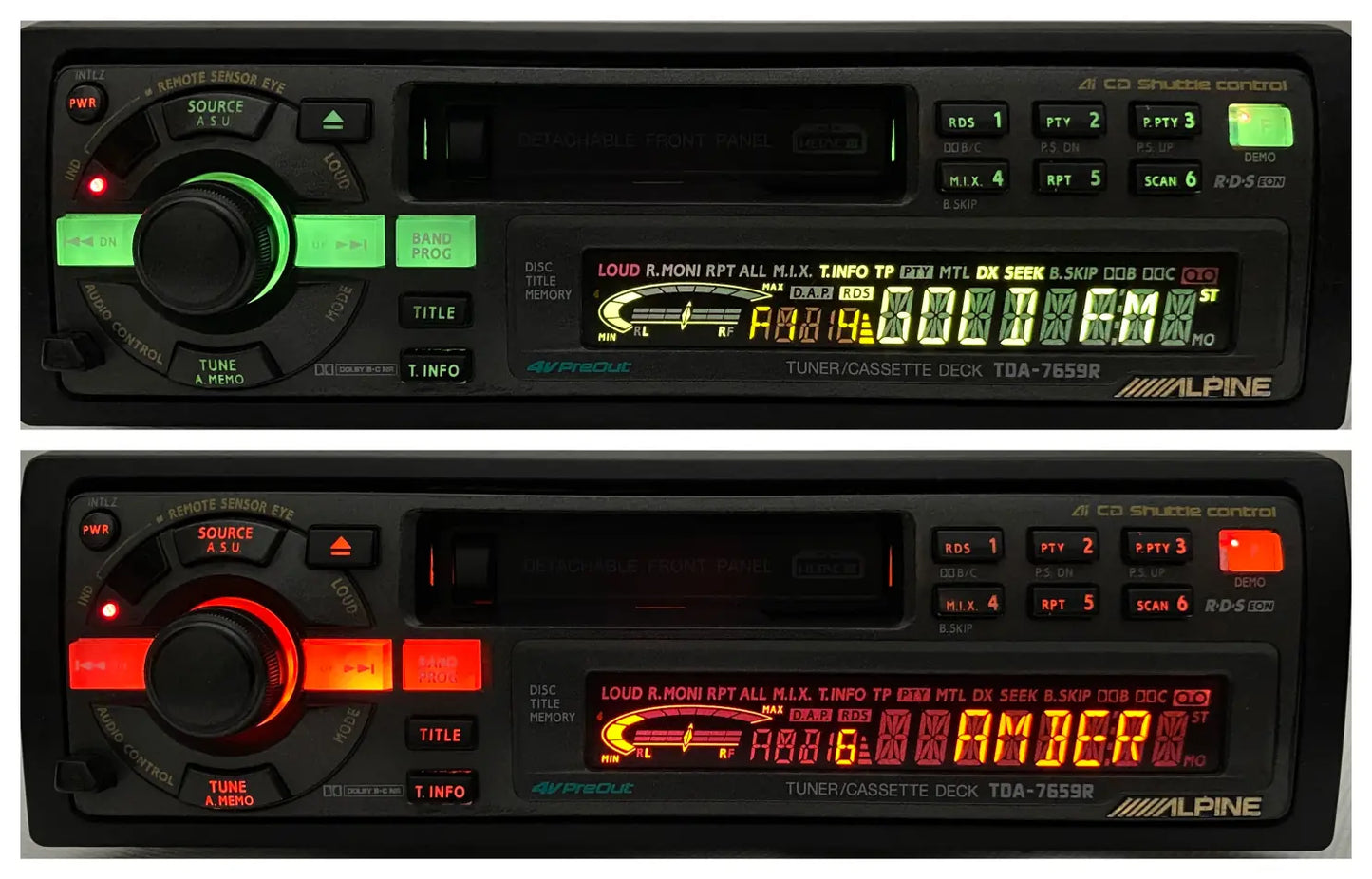 Alpine TDA-7659R red and green backlight display active