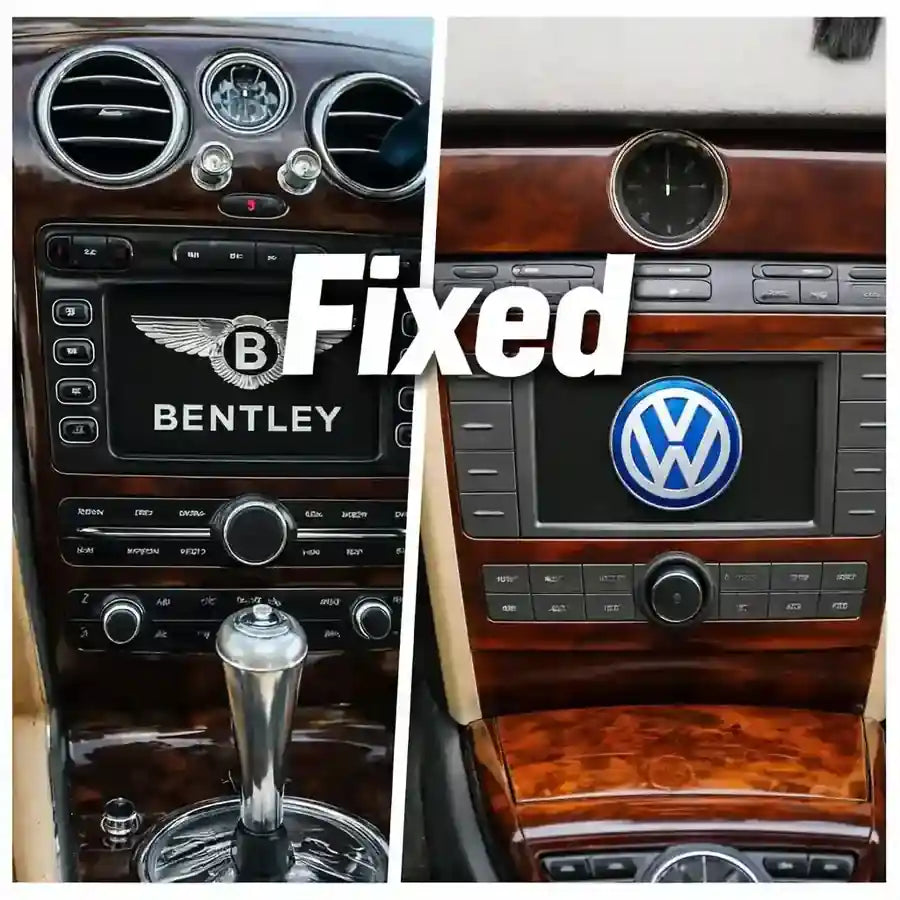 Bentley Continental GT and VW Phaeton multimedia system showing repaired infotainment screens with logos