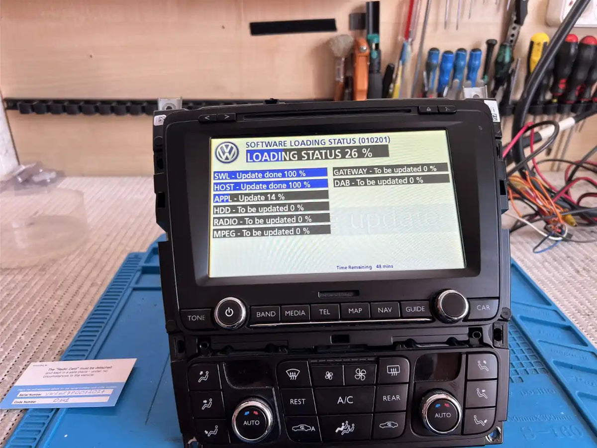 Bentley RNS 810 multimedia unit undergoing a workshop software update