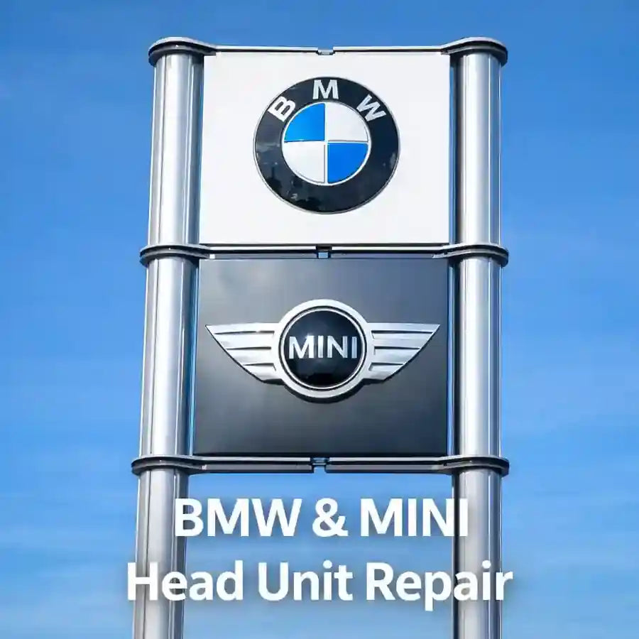 BMW and MINI logo on a repair sign against a blue sky