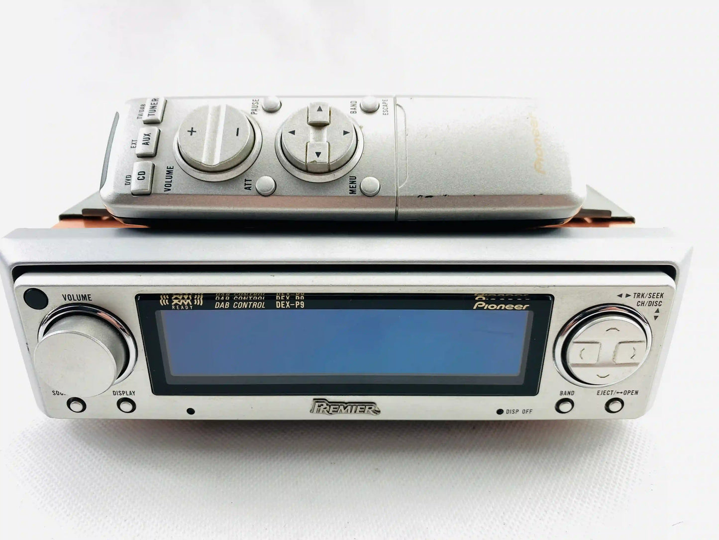 Pioneer DEX-P9 Premiere high end car CD radio straight front view with remote control placed on top