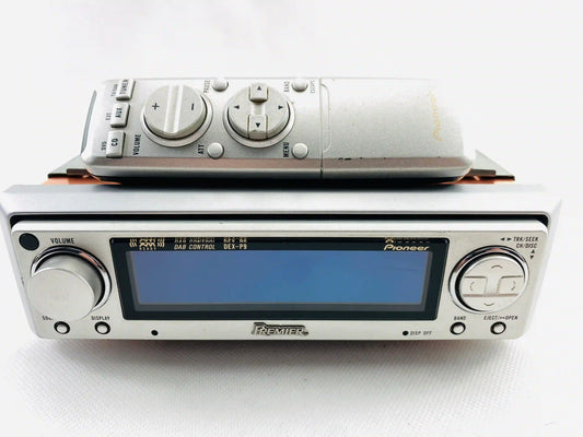 Pioneer DEX-P9 Premiere high end car CD radio straight front view with remote control placed on top