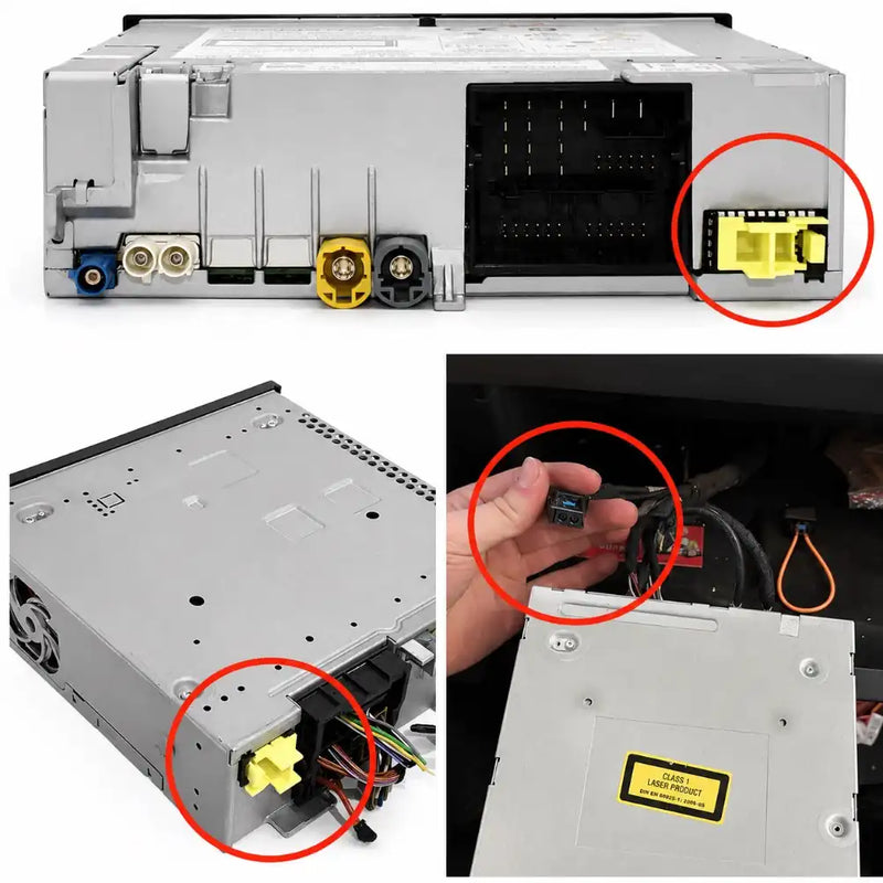 Rear of a VW Audi Harman MIB unit showing the optical fibre (MOST) connector used on vehicles with an external amplifier.