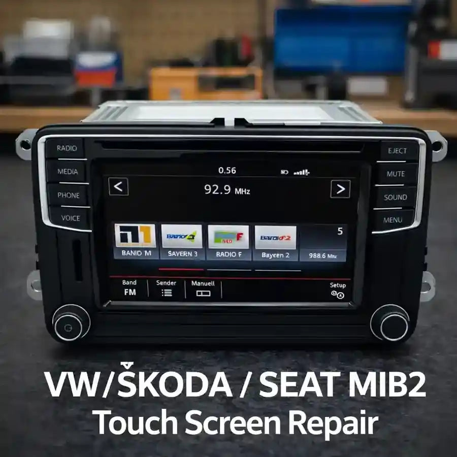 VW, ŠKODA and SEAT MIB2 infotainment unit with faulty touchscreen prepared for repair